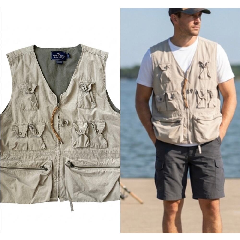 American Living Khaki Cotton Utility Fishing Safari Vest Large